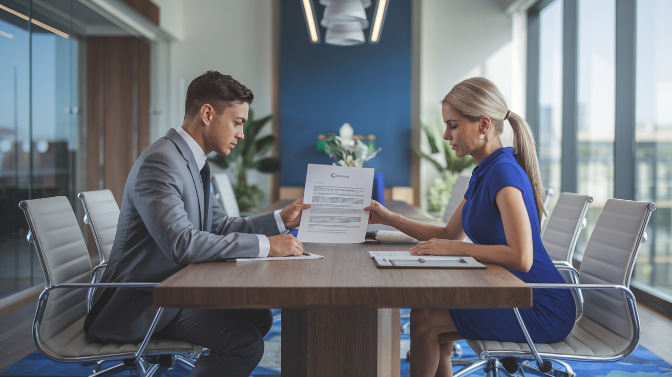 Gestor de RH e empresario analisando contrato de plano de saude empresarial em mesa de reuniao corporativa