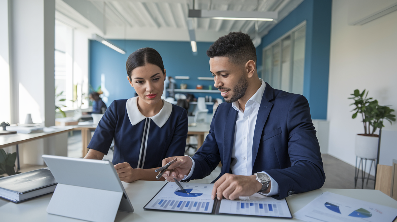 Empresário e RH analisando plano de saúde com coparticipação em escritório moderno