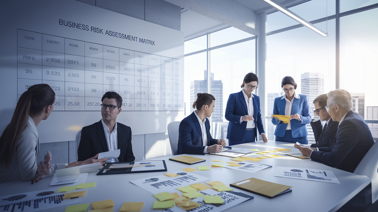 Equipe empresarial realizando mapeamento de riscos da empresa antes de contratar seguros em sala de reuniao