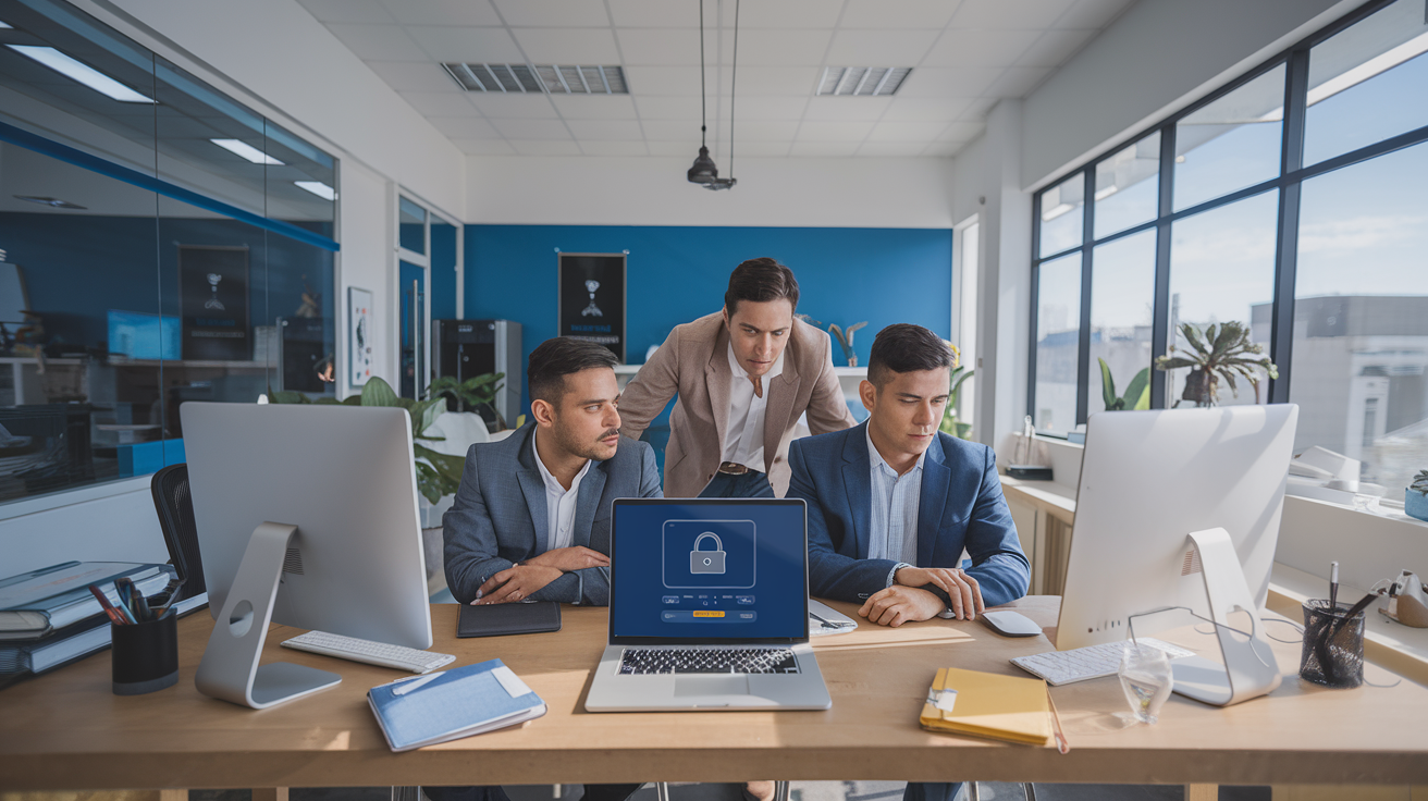 Equipe de PME analisando alerta de ciberseguranca em laptop - seguro cibernetico para pequenas empresas