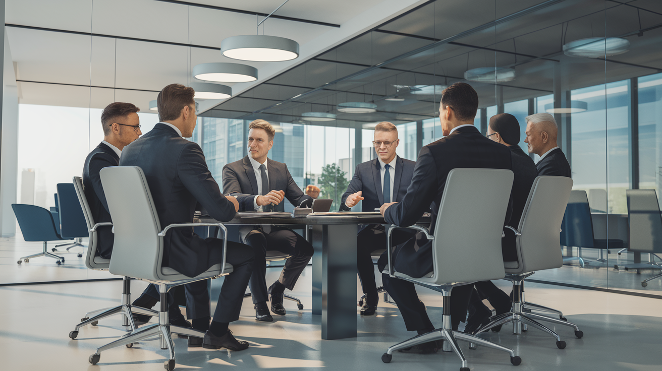 Diretores e executivos em reunião de board em escritório corporativo brasileiro, discutindo gestão e estratégia empresarial