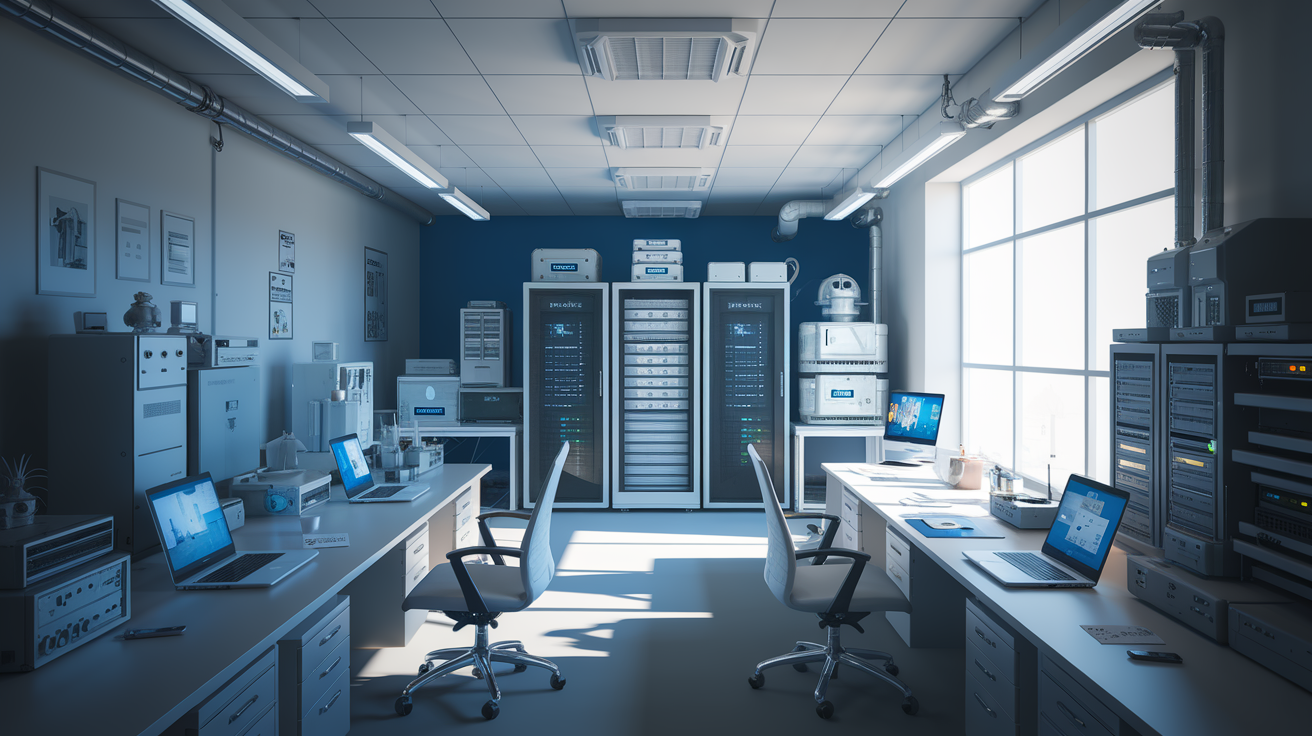 Equipamentos empresariais como computadores servidores e maquinas industriais em ambiente corporativo protegidos por seguro