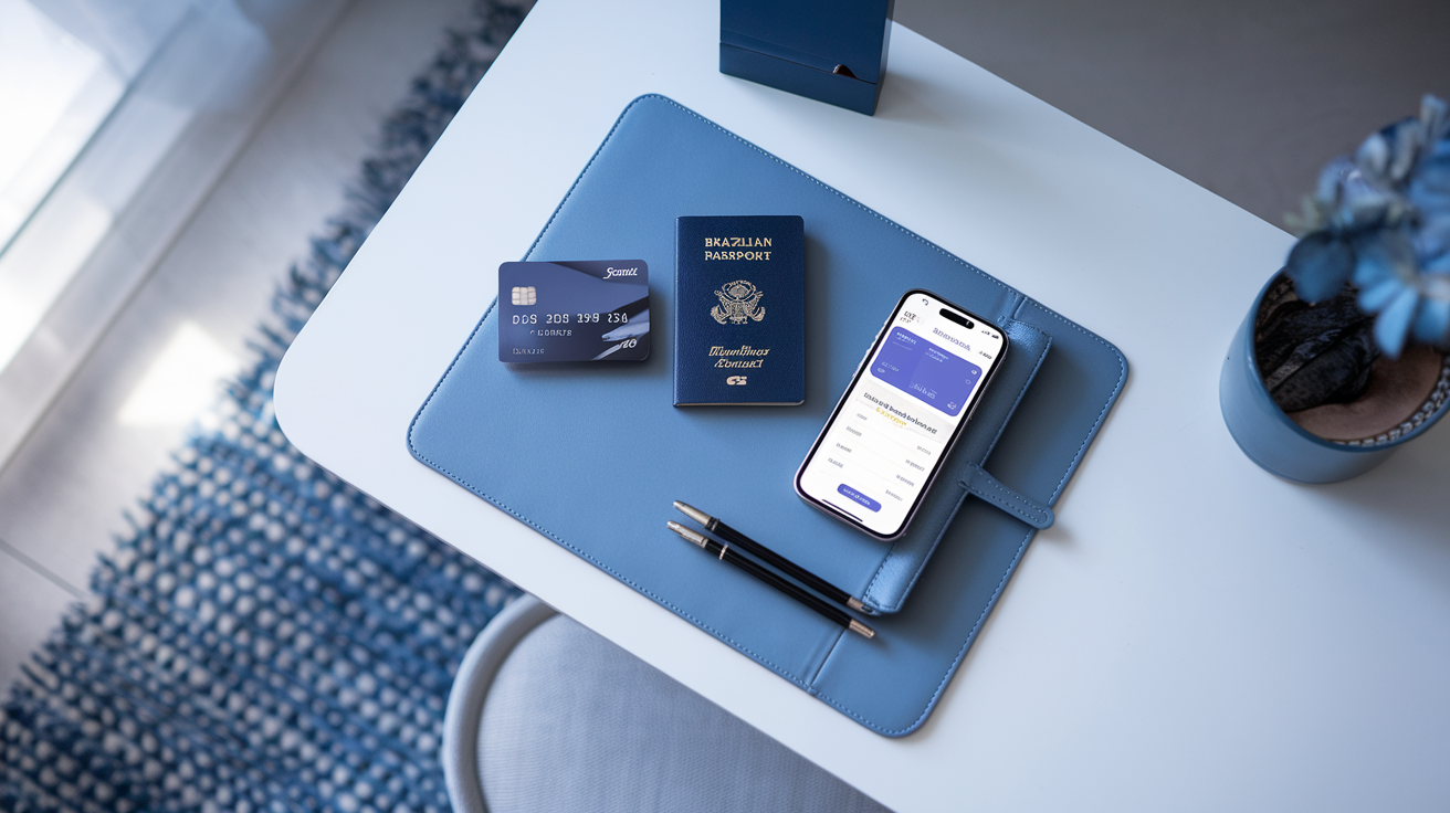 Passaporte brasileiro, cartão de crédito premium e celular sobre mesa branca — comparativo entre seguro viagem e cobertura do cartão