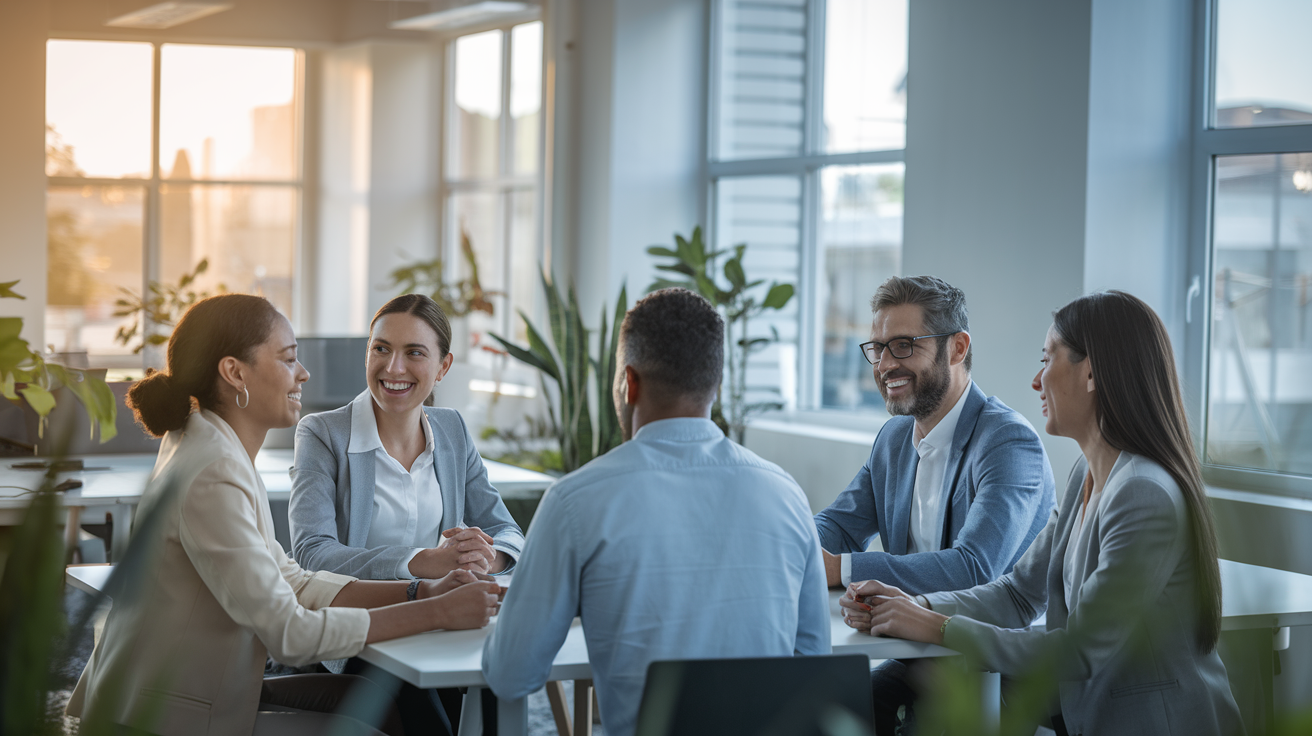 Equipe corporativa brasileira sorrindo em escritorio moderno representando o seguro de vida em grupo empresarial