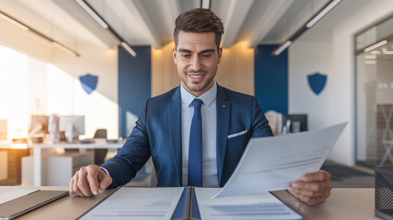 Empresario em escritorio moderno analisando seguro de vida individual com documentos na mesa