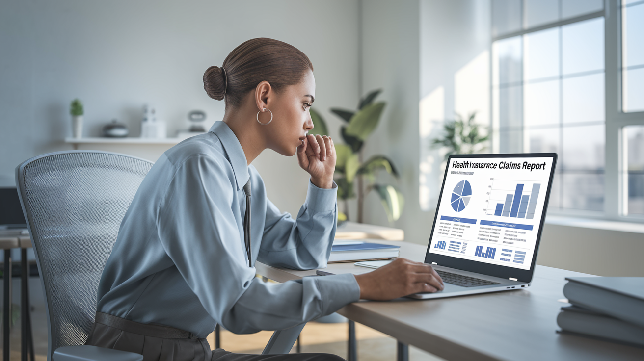 Gestora analisando relatório de sinistralidade do plano de saúde empresarial em laptop no escritório