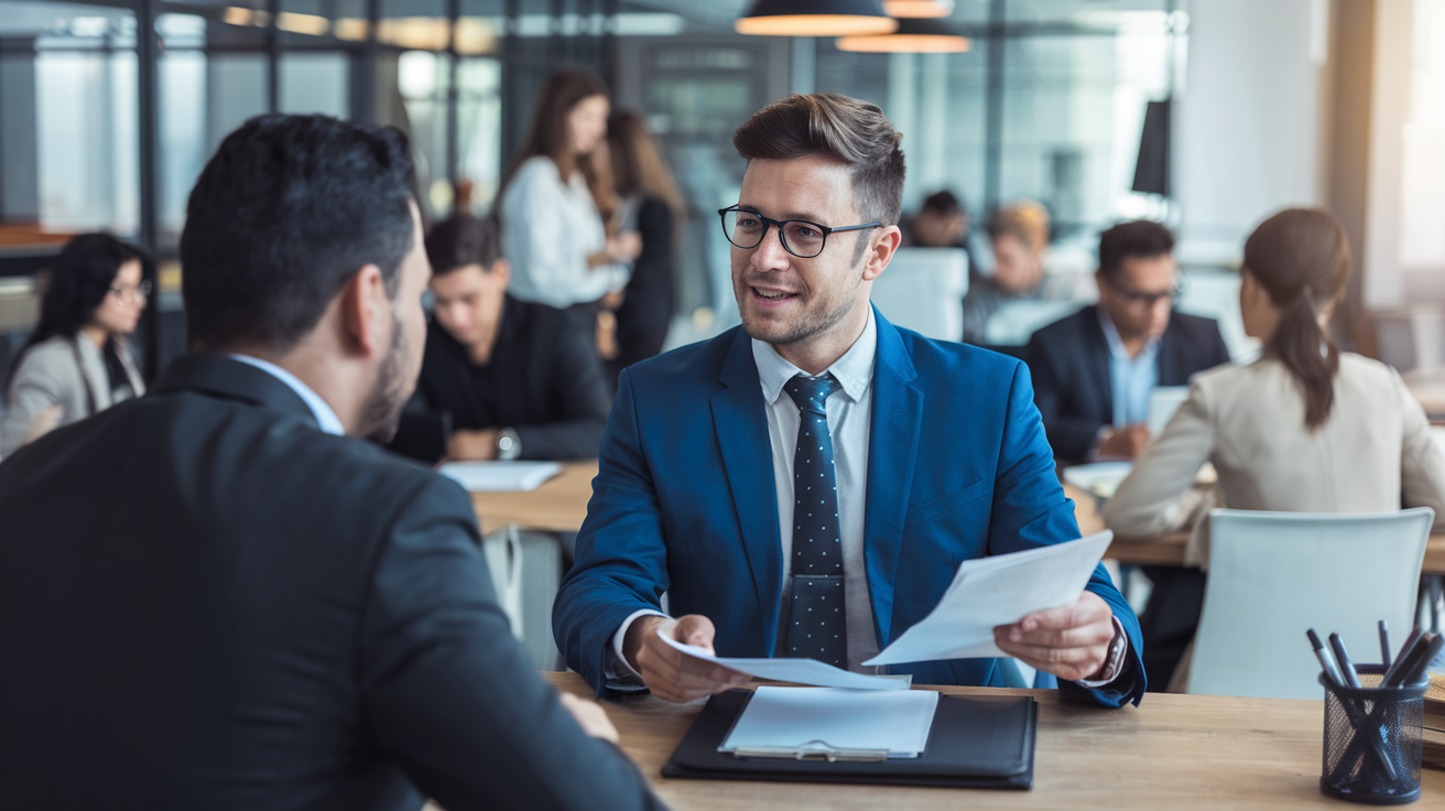 Corretor apresentando opções de plano de saúde para empresário brasileiro