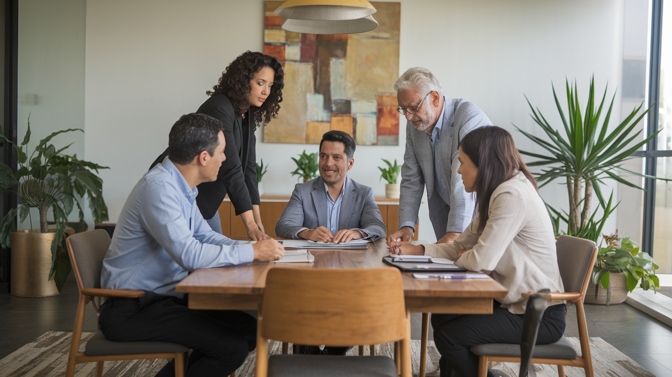 Equipe de pequena empresa discutindo benefícios de saúde para funcionários