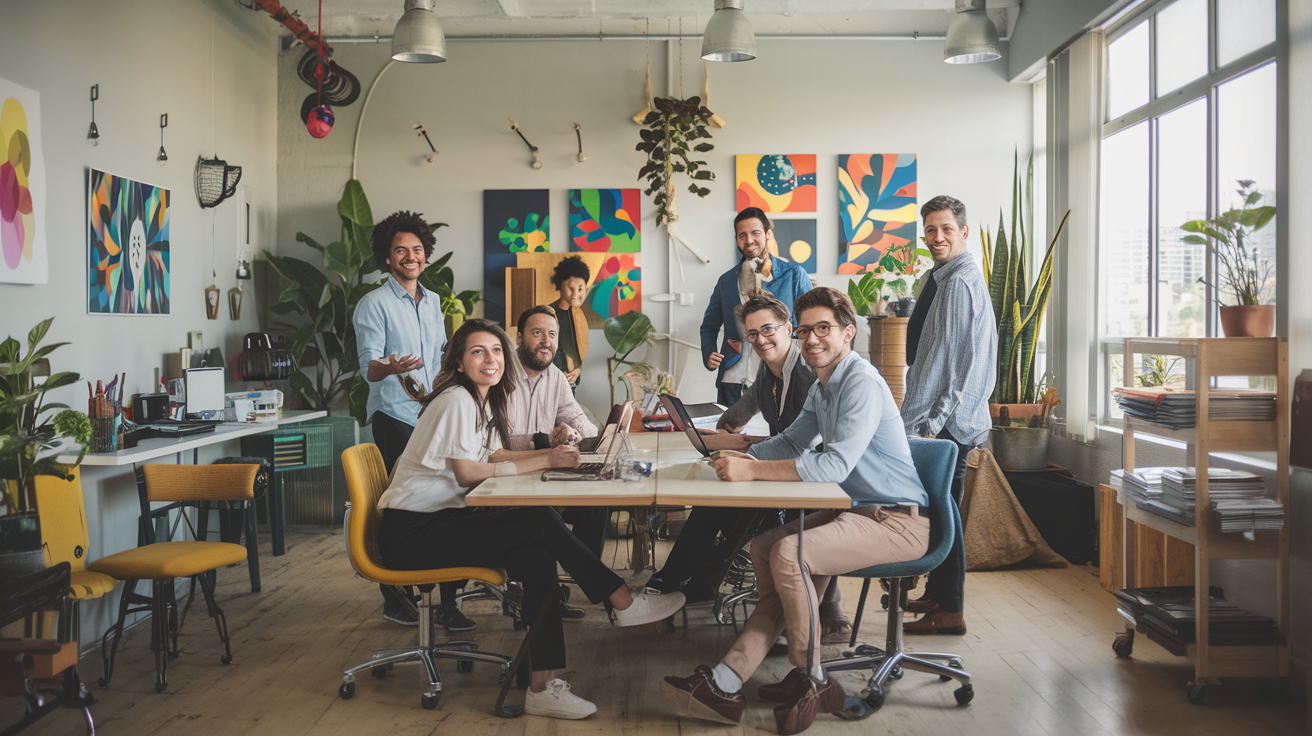 Equipe diversa e feliz em escritório de pequena empresa brasileira