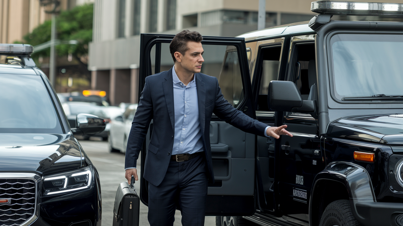 Executivo brasileiro entrando em SUV blindado no centro empresarial