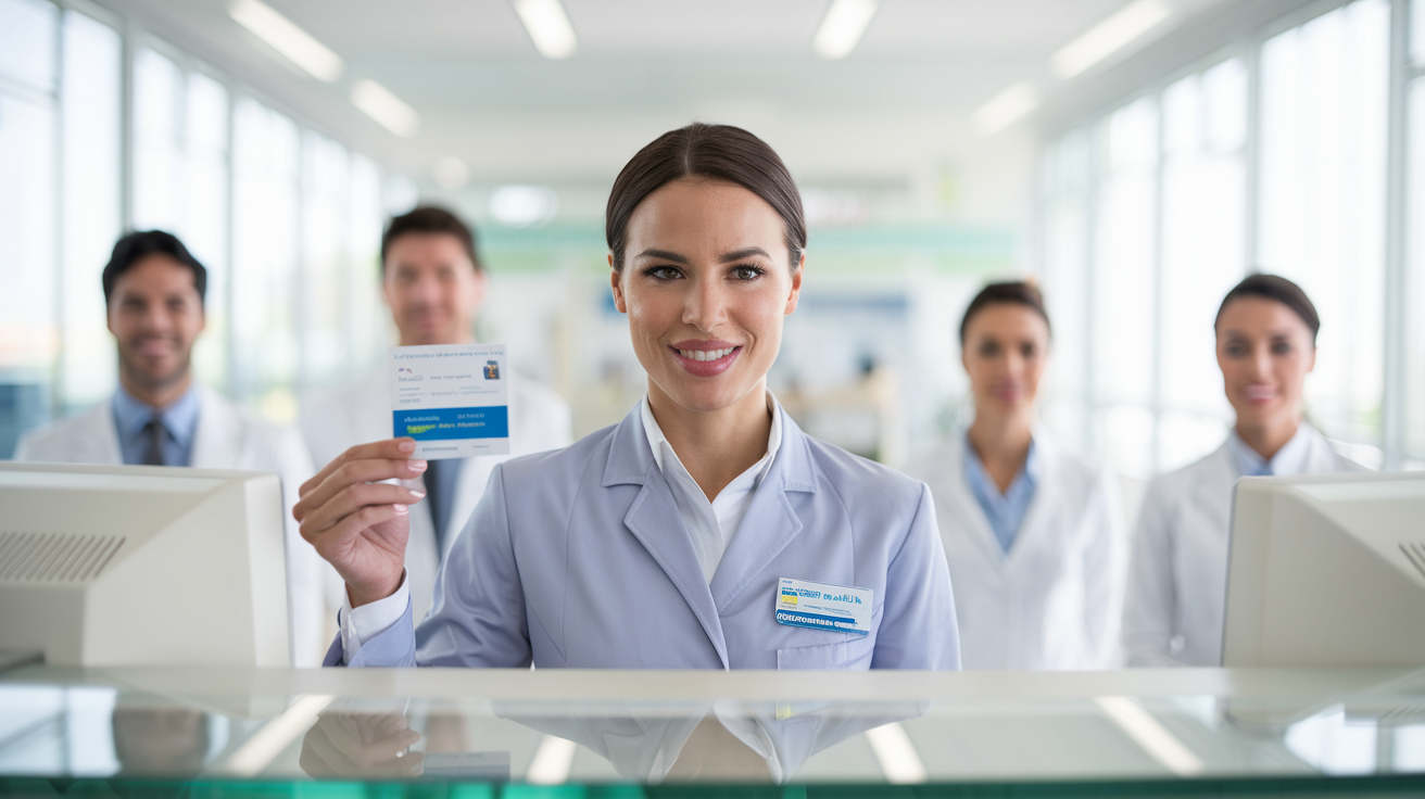 Funcionário na recepção de clínica usando benefício de plano de saúde