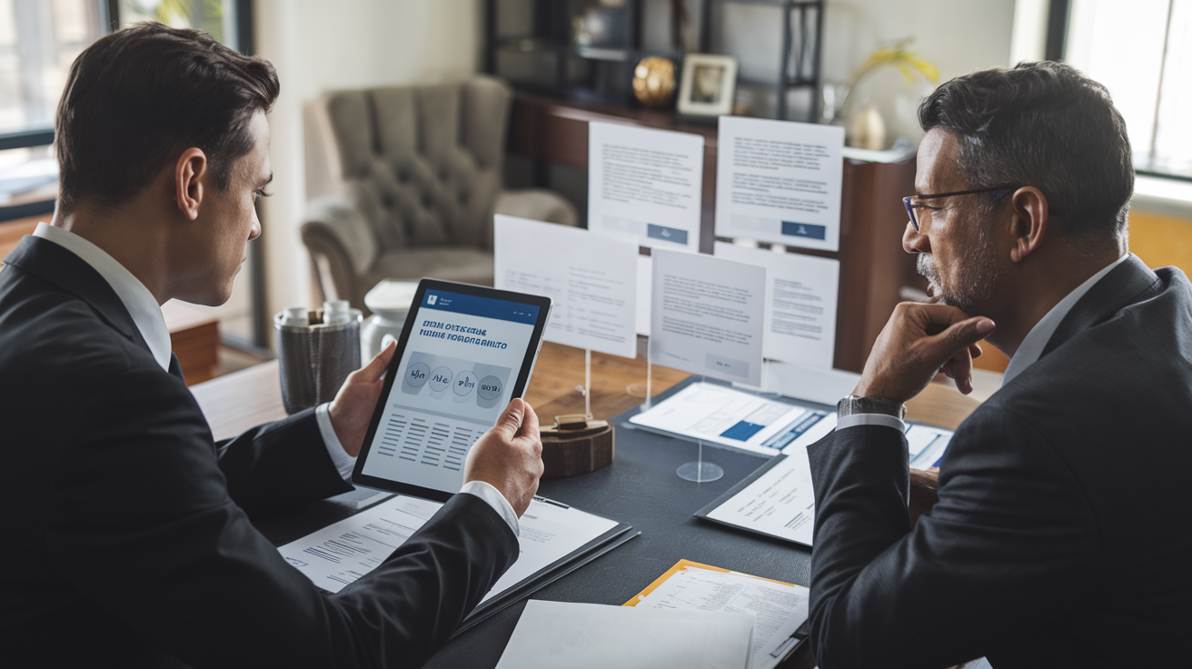 Corretor de seguros apresentando múltiplas opções de cobertura para empresário