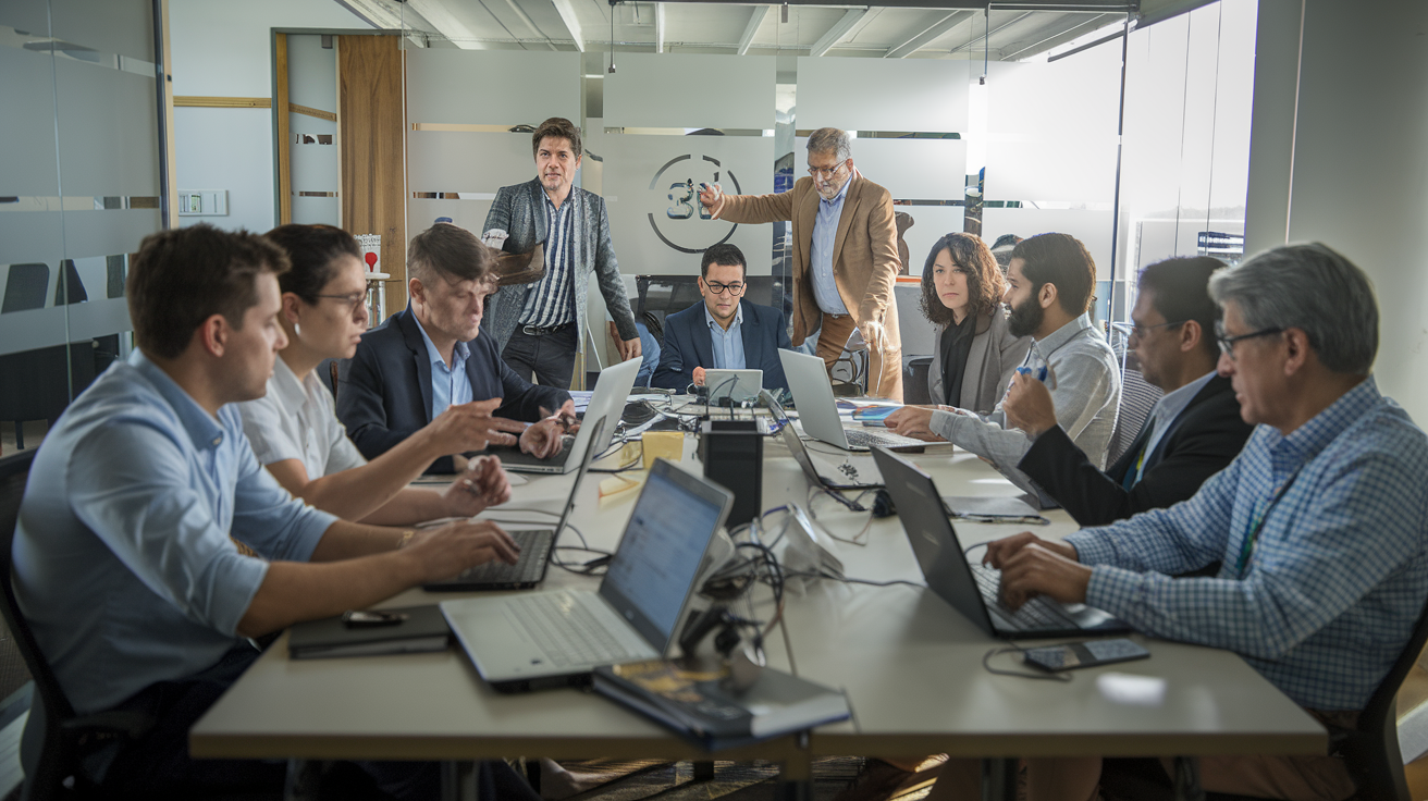 Equipe de pequena empresa discutindo segurança digital em reunião