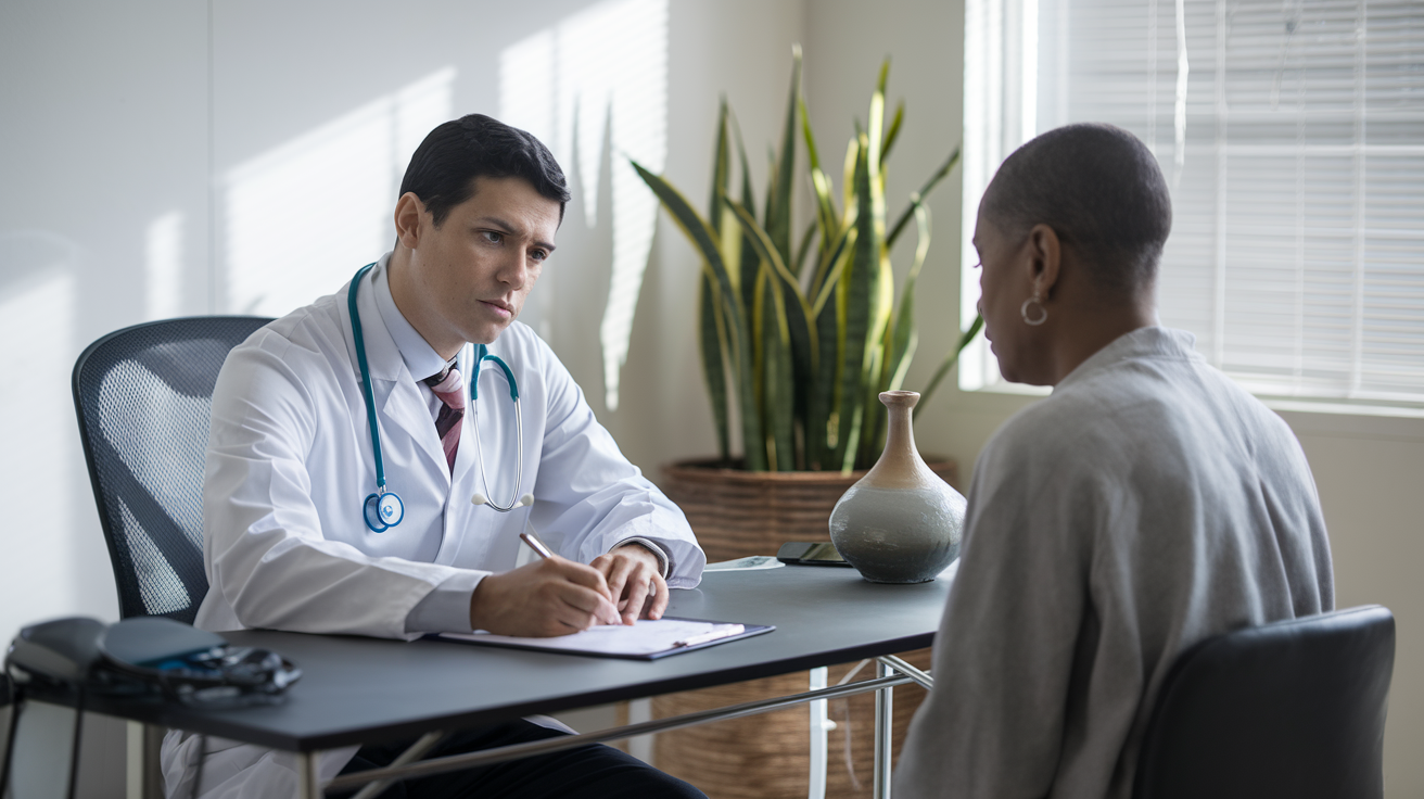 Médico preenchendo atestado médico em consultório