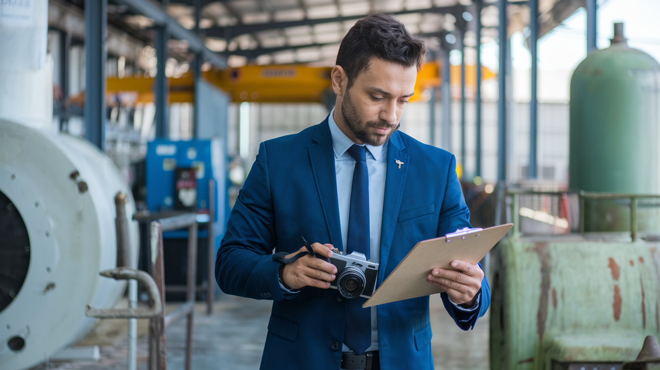 Profissional de seguros inspecionando equipamentos em empresa brasileira