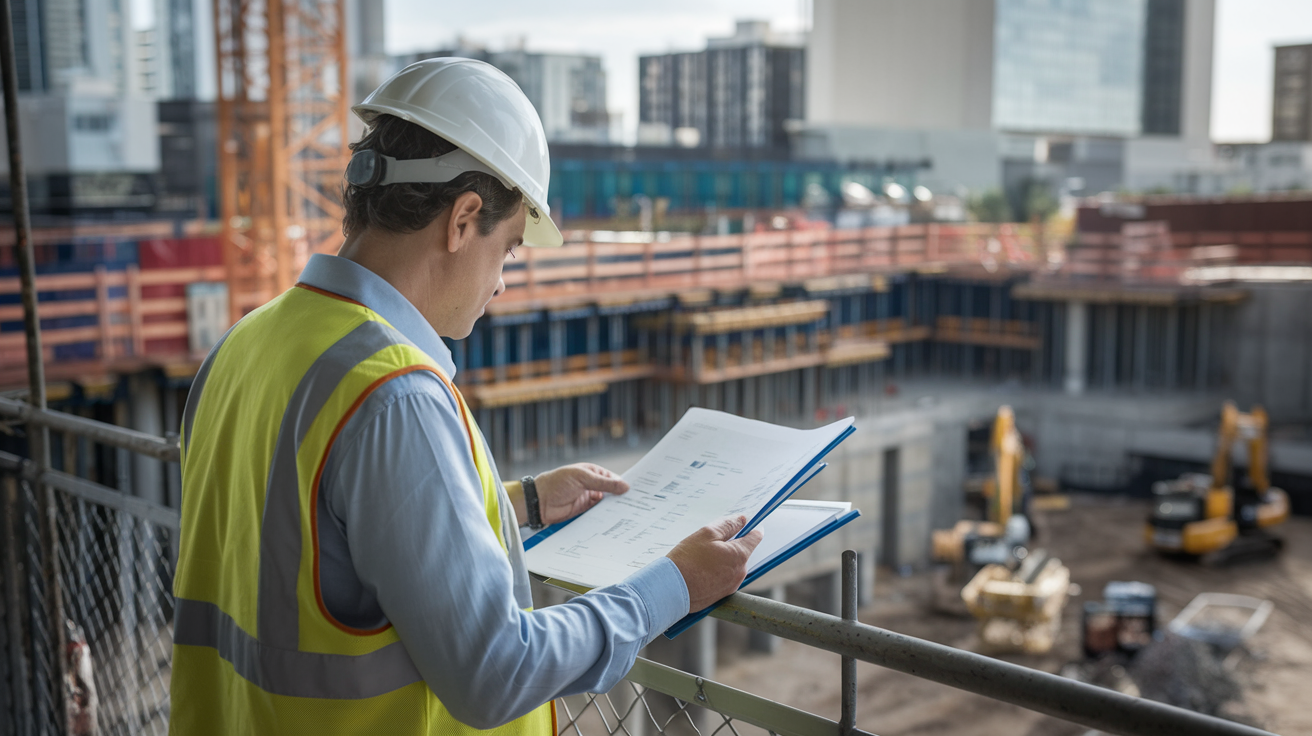 Gerente de obras brasileiro revisando documentos de contrato público com seguro garantia
