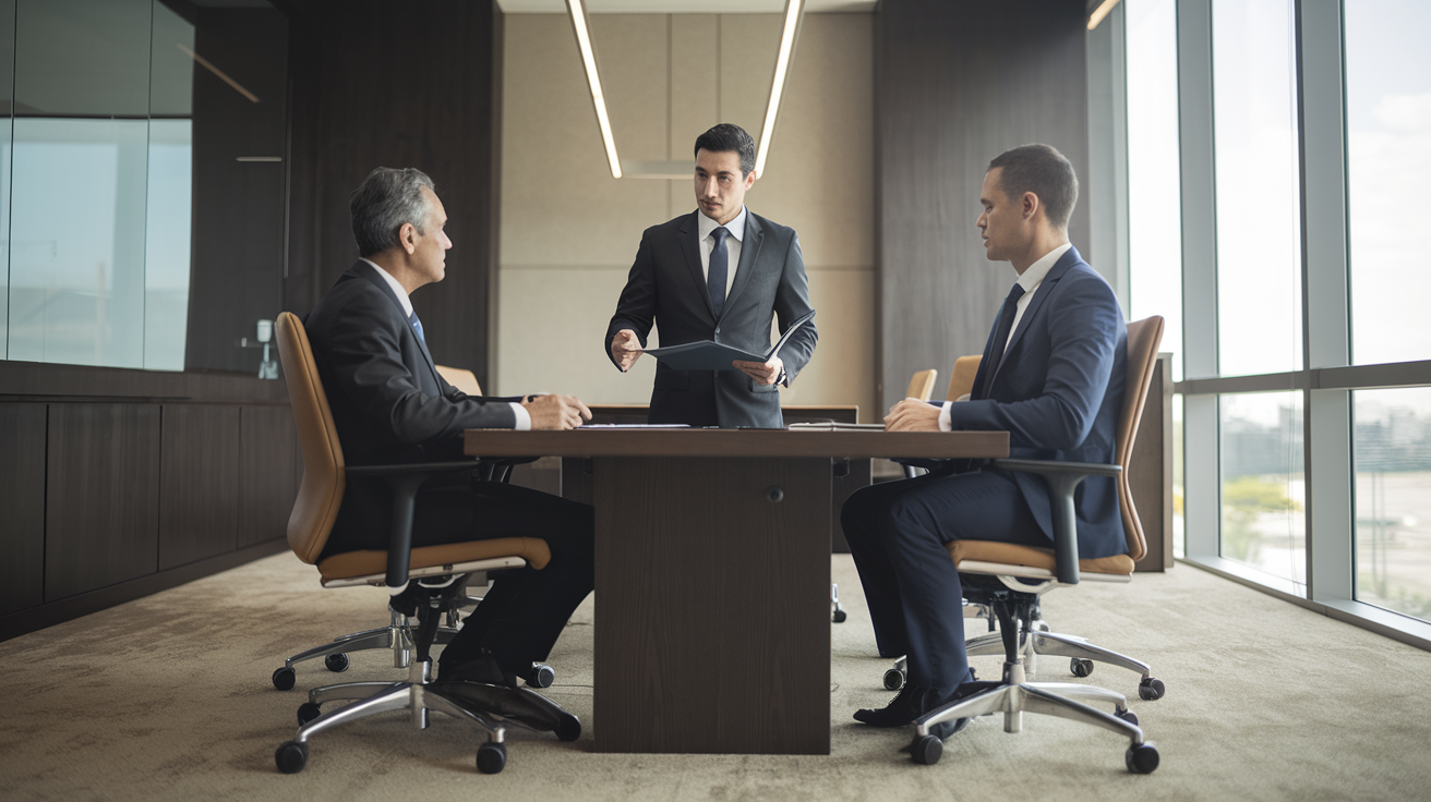 Profissional apresentando documentos de seguro garantia para cliente corporativo