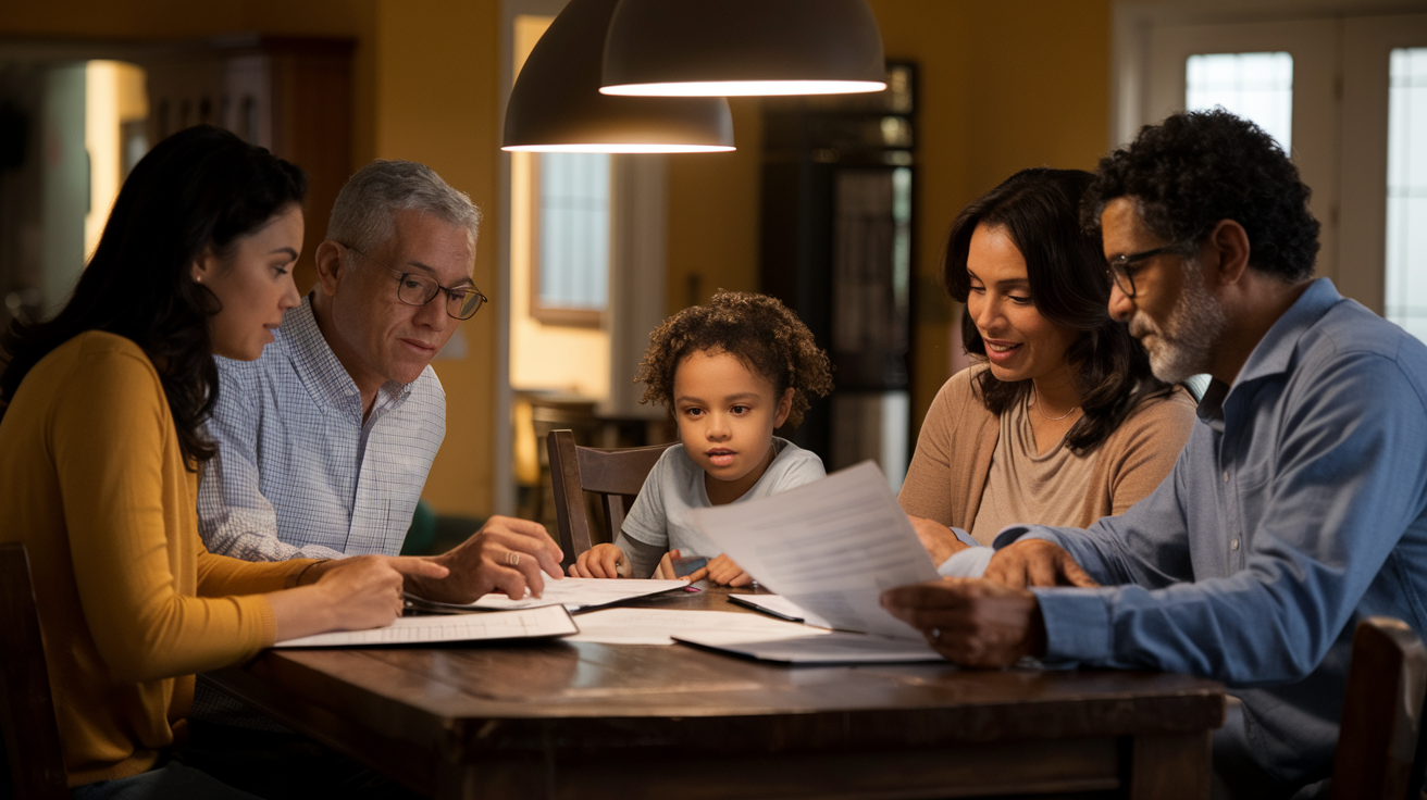 Família brasileira revisando documentos de seguro em casa