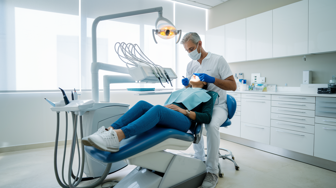 Consultório odontológico moderno com dentista atendendo paciente