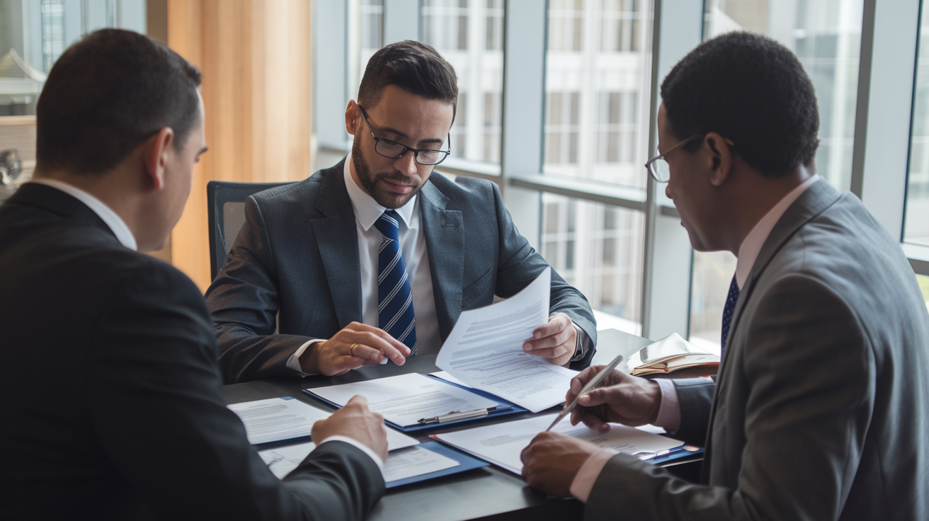 Empresário brasileiro revisando contrato de empréstimo com gerente bancário