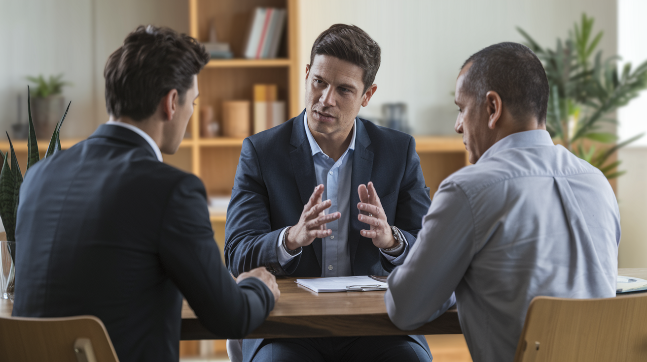 Assessor financeiro explicando seguro prestamista para empresário brasileiro