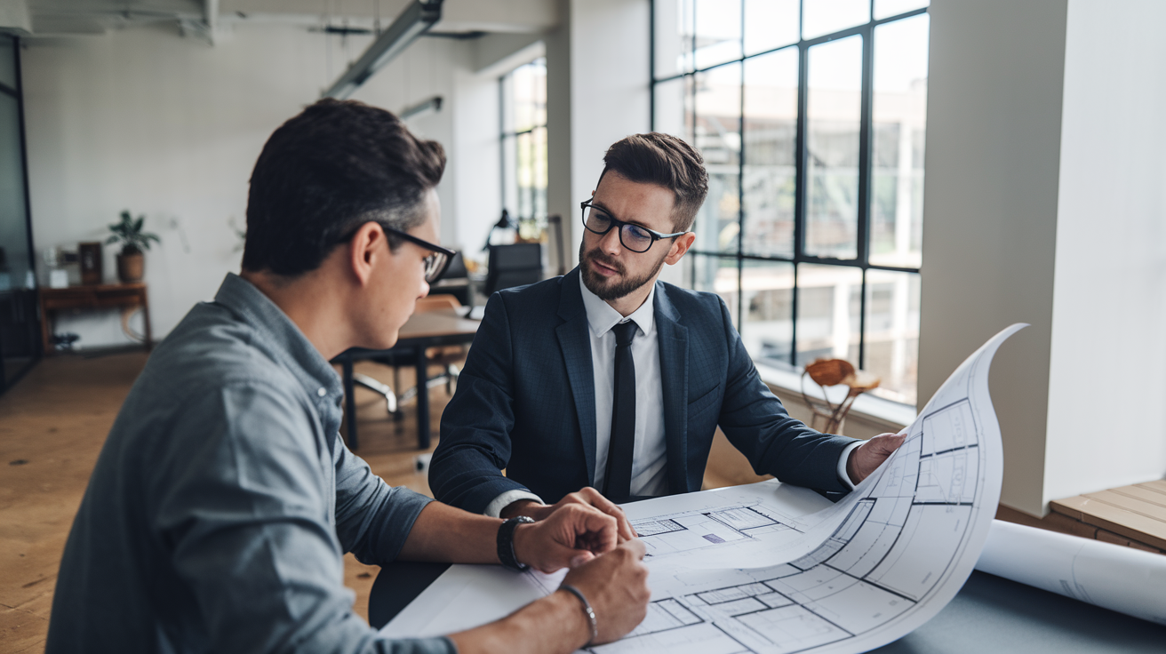 Arquiteto brasileiro revisando projetos com cliente em consultoria profissional