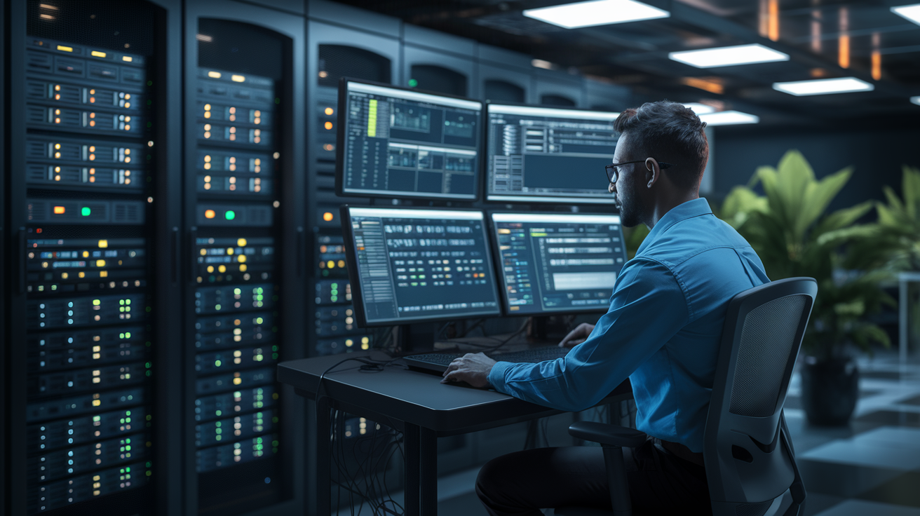 Profissional de TI monitorando segurança de rede em data center