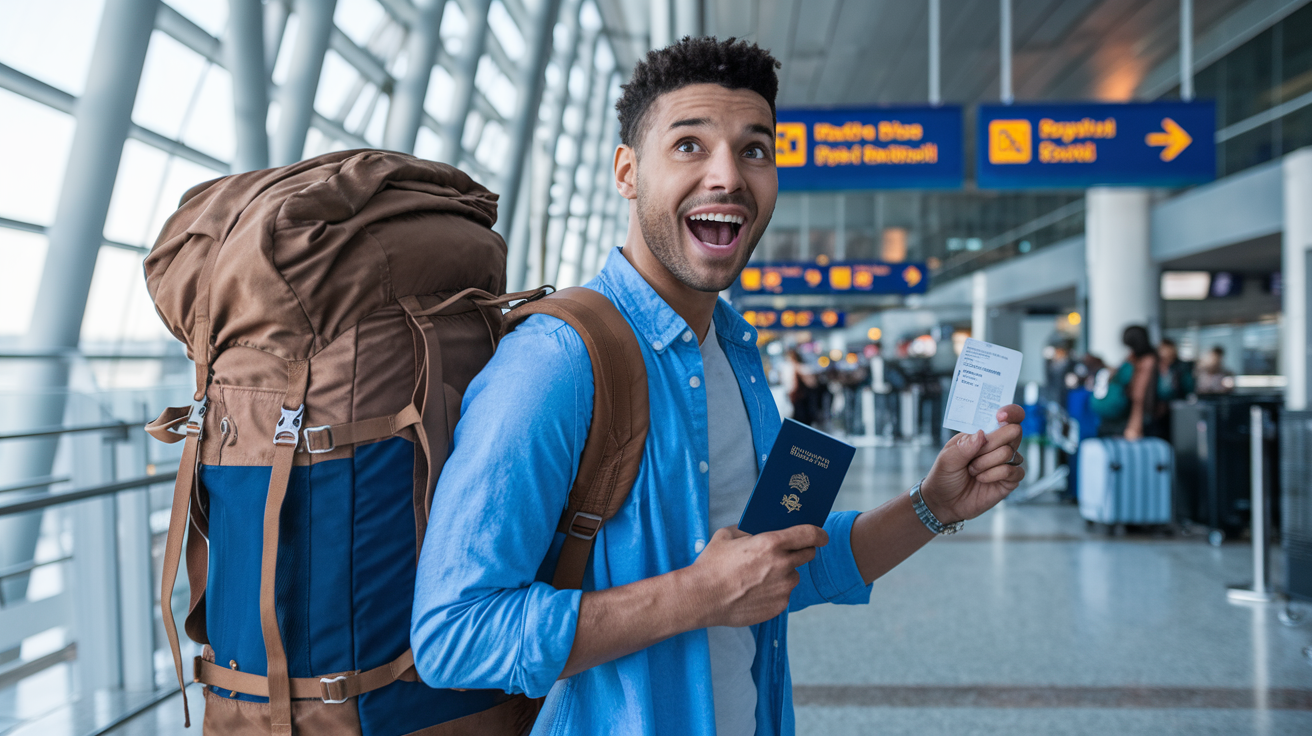 Viajante brasileiro no aeroporto internacional com passaporte e bagagem