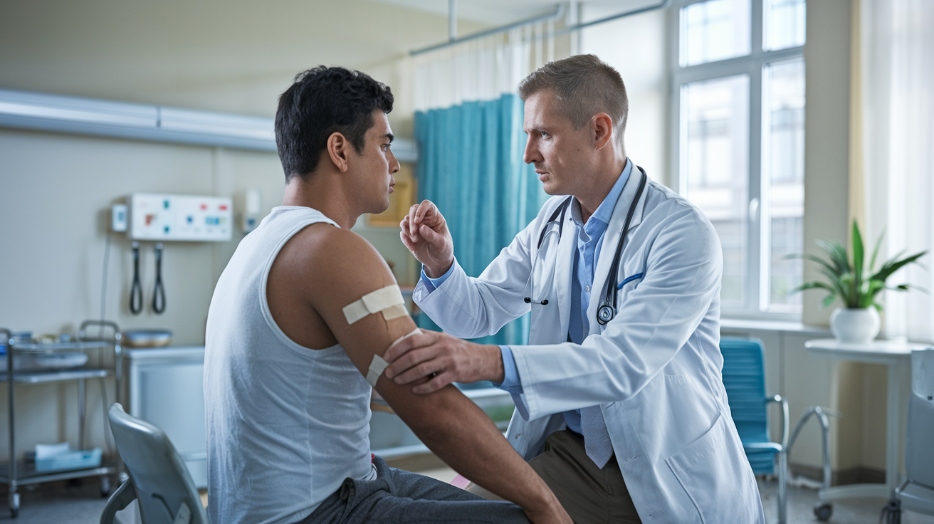 Médico atendendo turista brasileiro em hospital europeu