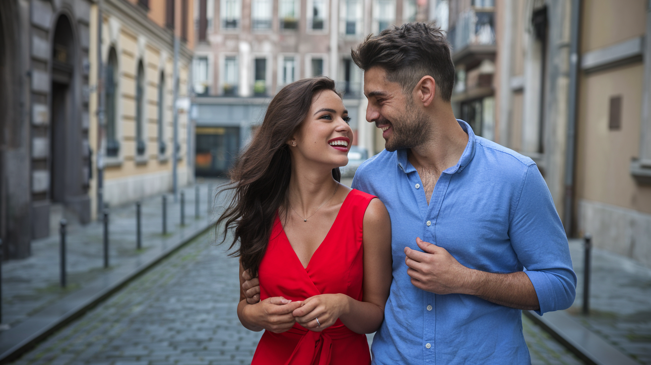 Casal brasileiro feliz em viagem internacional com tranquilidade