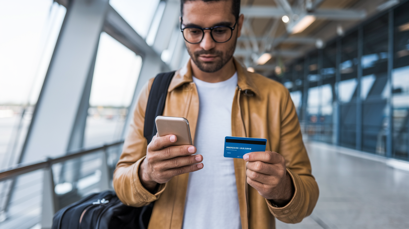 Viajante brasileiro no aeroporto comparando seguro viagem com cartão de crédito