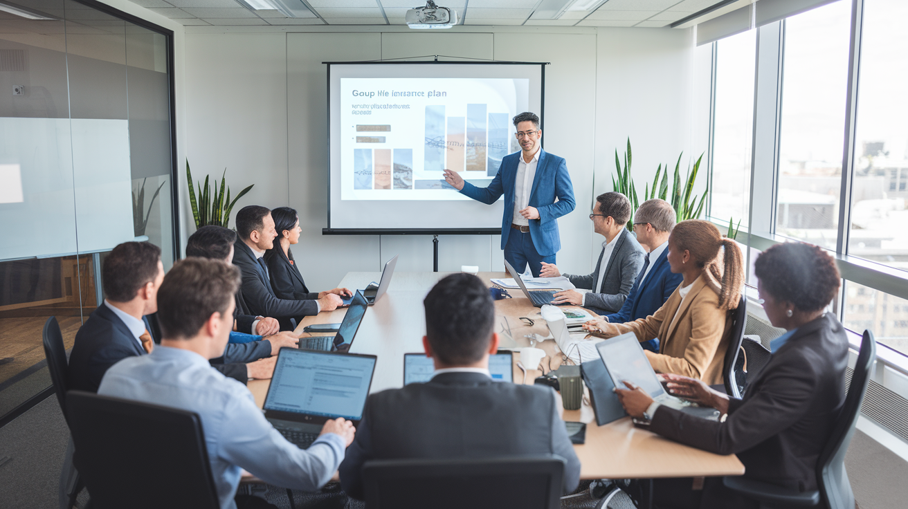 Corretor apresentando seguro de vida em grupo para equipe empresarial