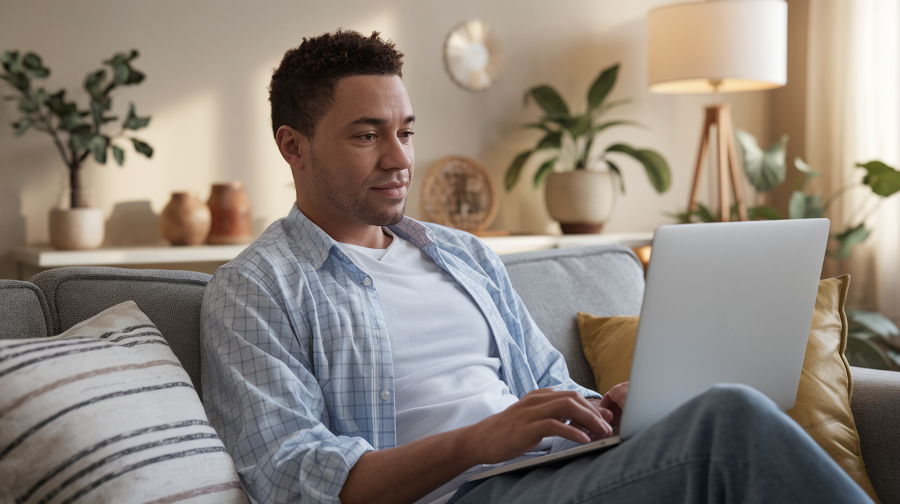 Trabalhador brasileiro em recuperação em casa com laptop, contexto de afastamento por doença