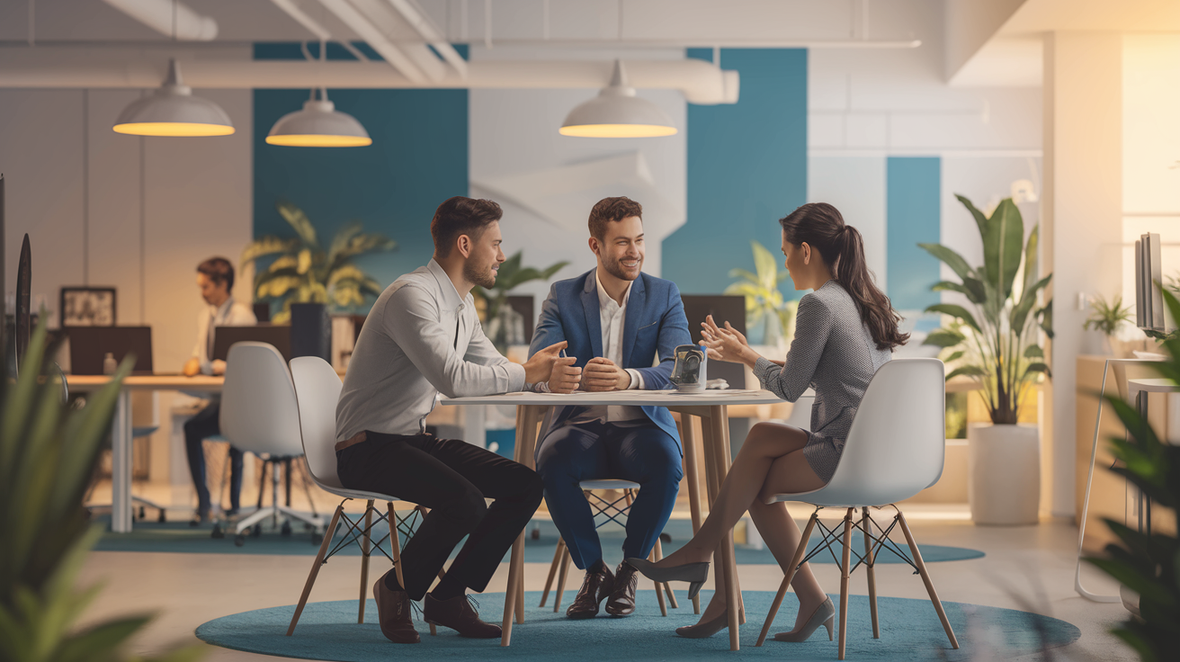 Pequena equipe empresarial brasileira em escritório moderno com clima de segurança e confiança