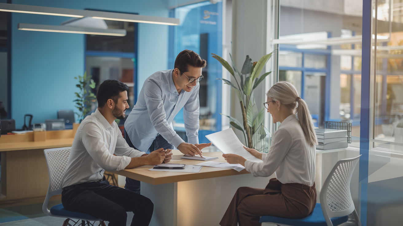 Equipe de pequena empresa avaliando proposta de plano de saúde PME no escritório