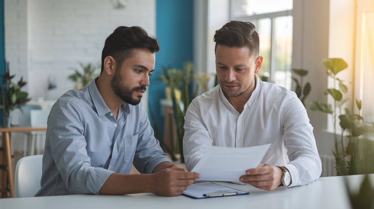 Empregador e funcionário revisando benefícios de plano de saúde empresarial em escritório