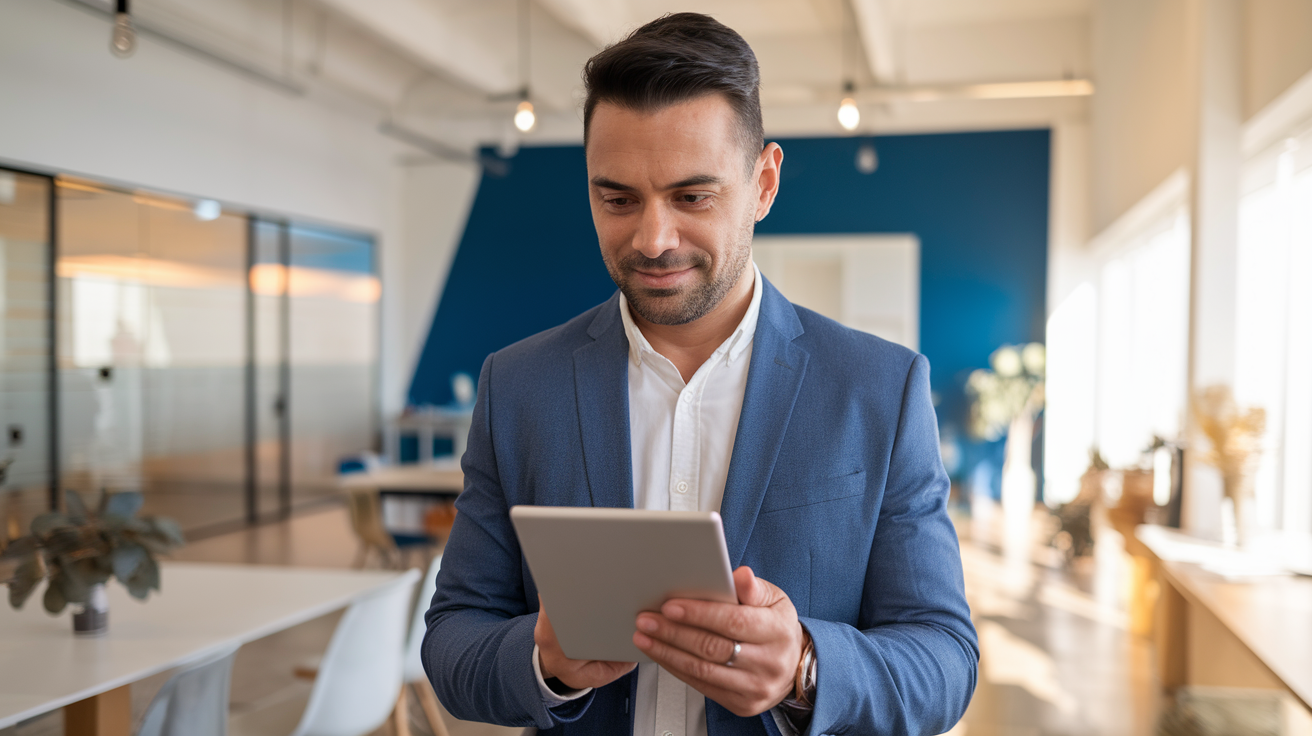 Empresário revisando proposta de plano de saúde empresarial em um tablet