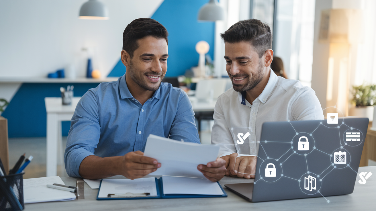 Empresário de PME analisando proposta de seguro cyber com corretor especializado