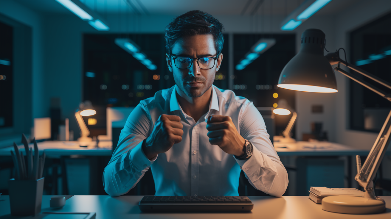 Empresário brasileiro em resposta controlada a um ataque de ransomware em escritório noturno