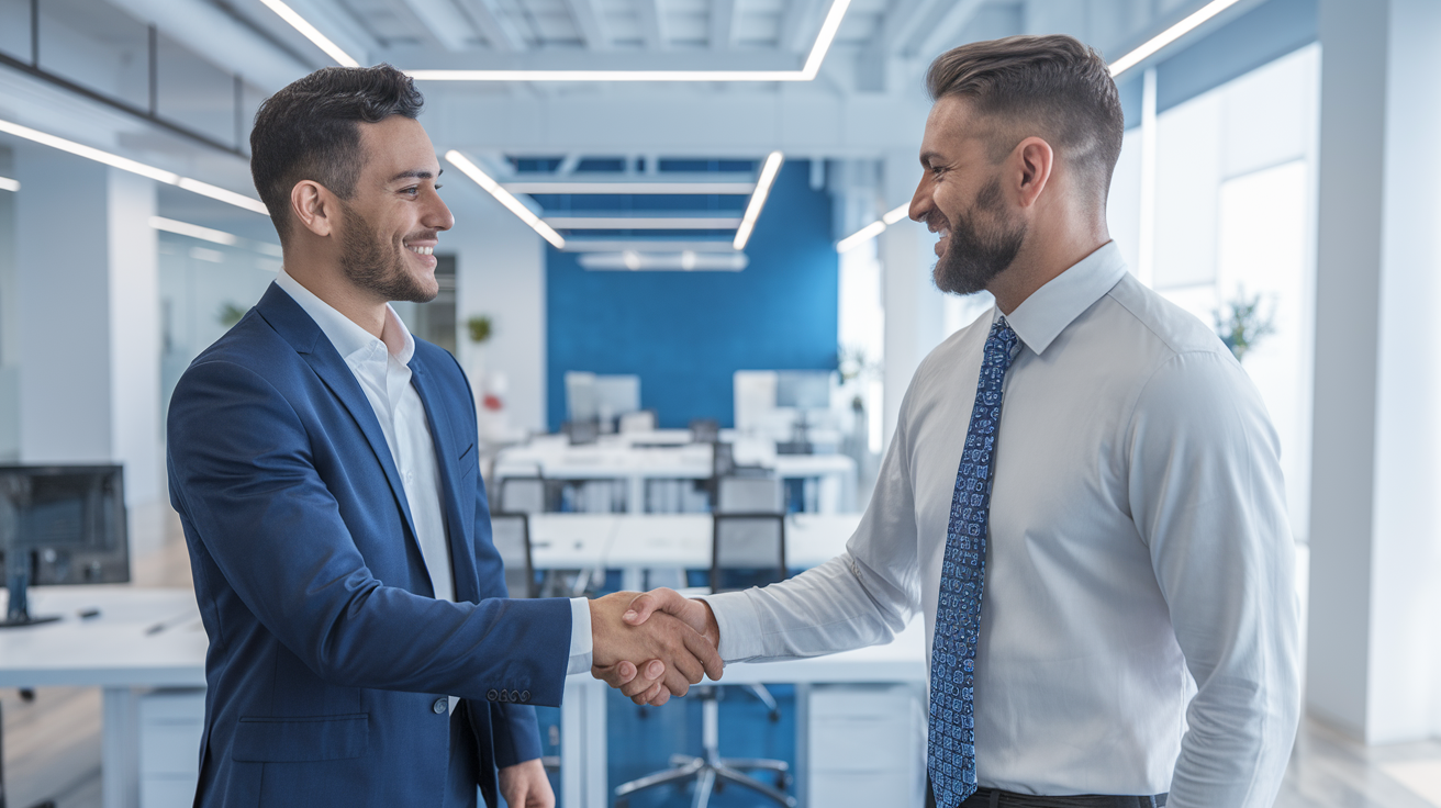 Corretor de seguros e empresário fechando acompanhamento do sinistro empresarial