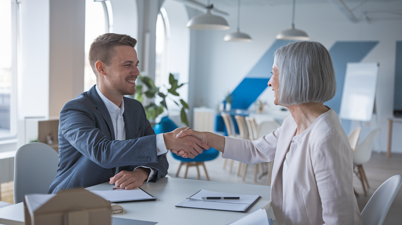 Consultor de seguros orientando dono de pequena empresa sobre plano de saúde