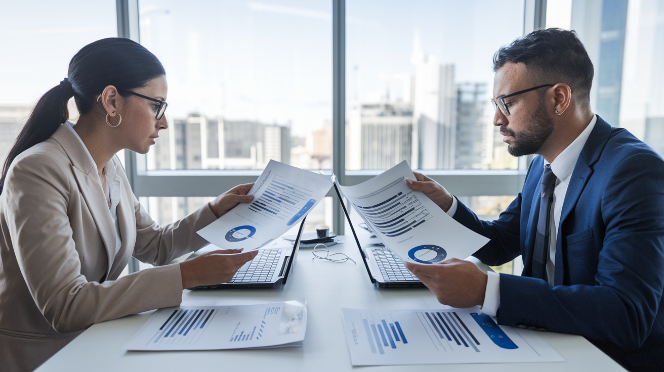 Profissionais comparando propostas de seguro empresarial lado a lado