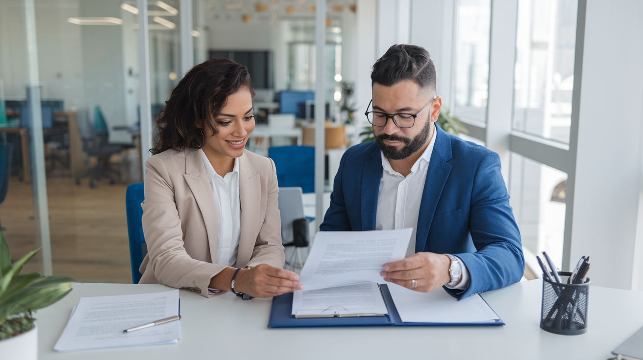 Empresario e consultor analisando contrato de seguro de responsabilidade civil empresarial