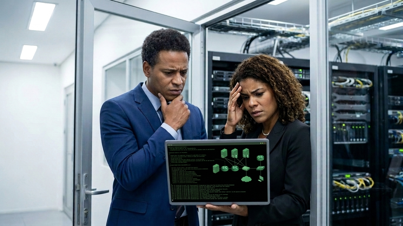 Profissionais analisando o que cobre o seguro cyber em painel de segurança cibernética da empresa