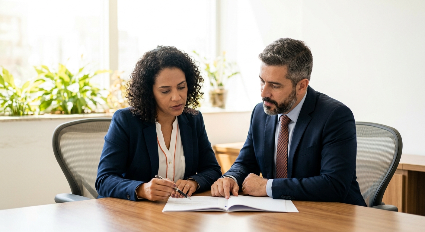 Diretores de PME brasileira em reunião de diretoria, analisando documentos com foco e responsabilidade no escritório