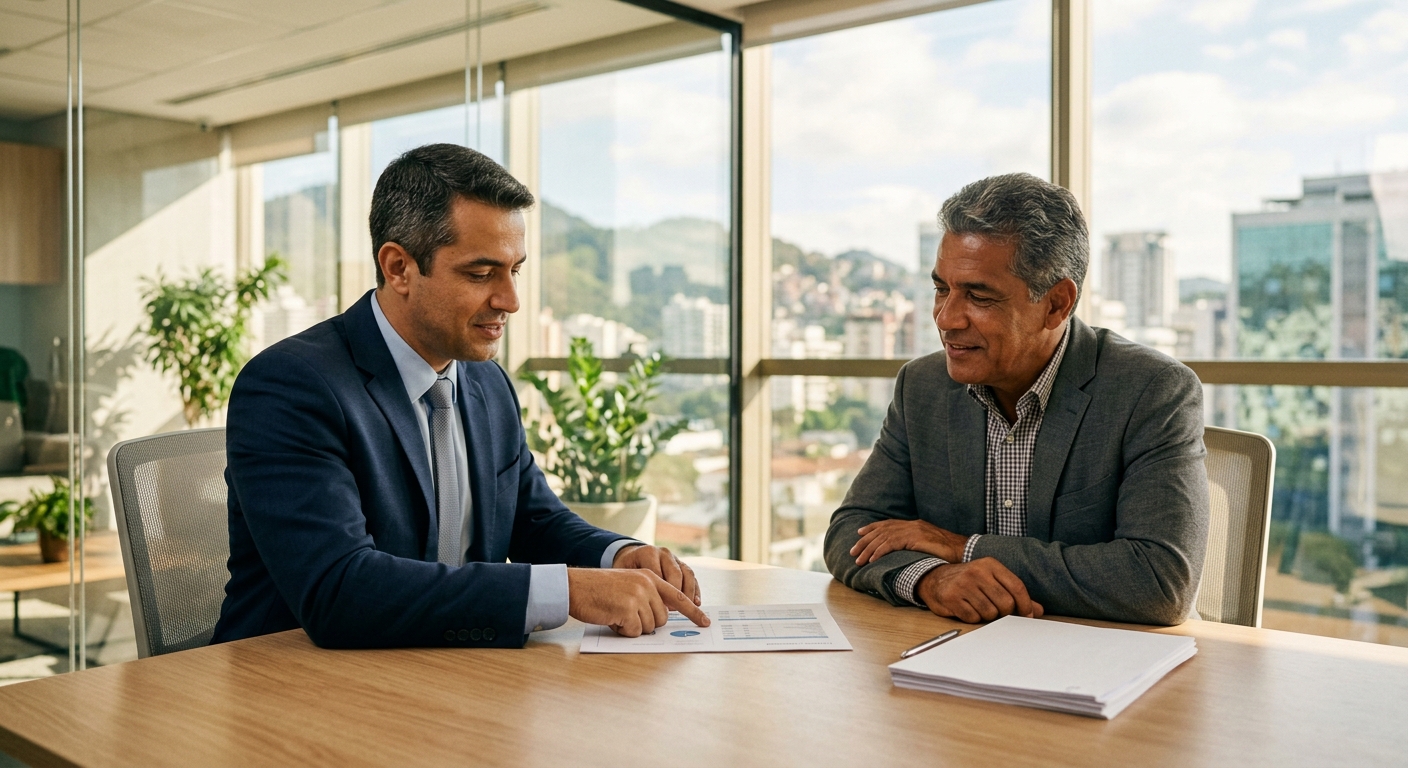 Corretor de seguros brasileiro apresentando proposta de seguro empresarial para empresário em reunião de consultoria