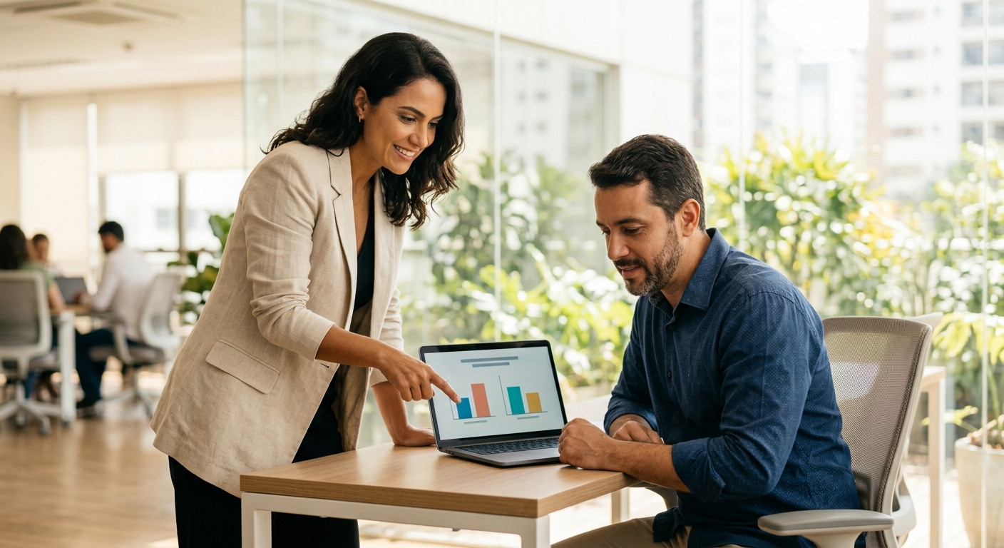 Corretora de seguros mostrando comparação de propostas em laptop para empresário brasileiro