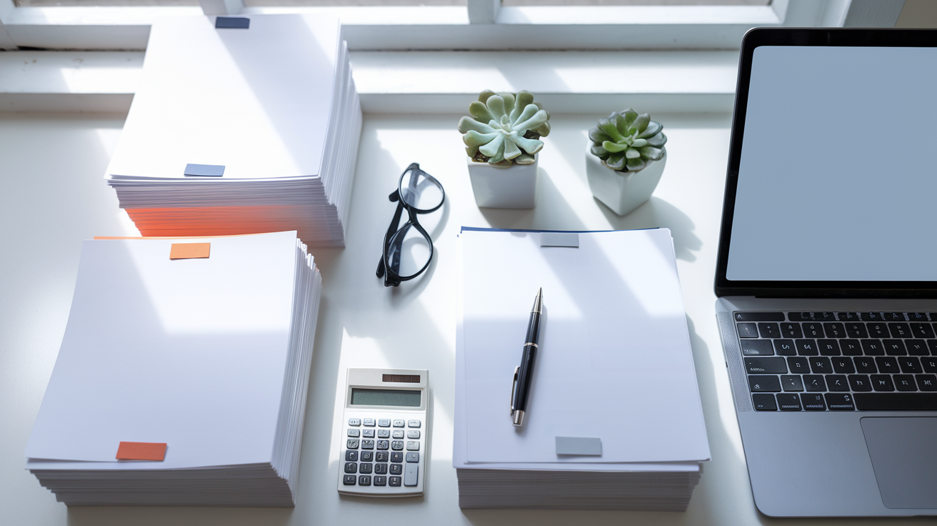 Mesa de cotacao com tres propostas de plano de saude empresarial lado a lado, calculadora, oculos e laptop para comparar precos