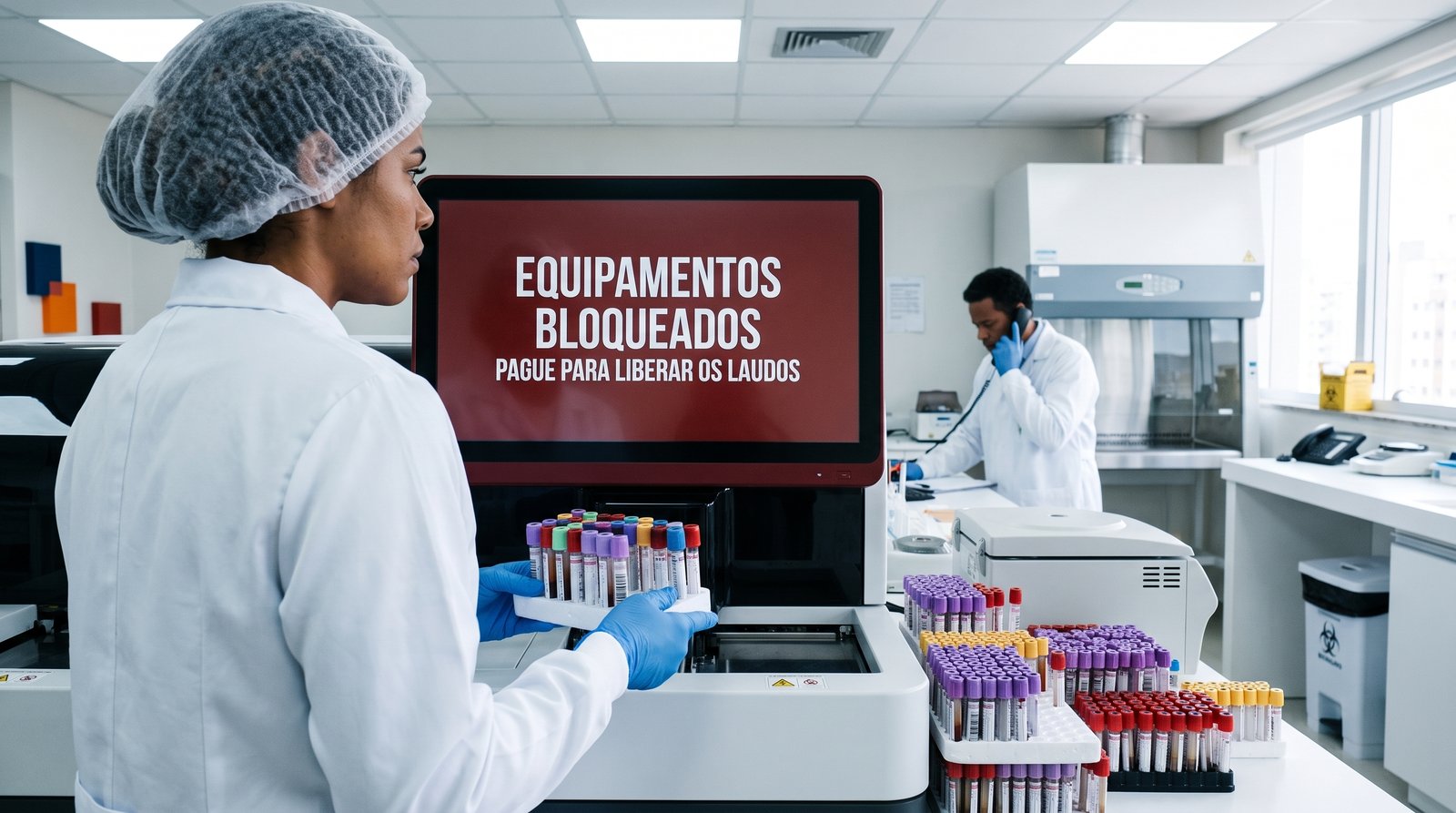 Analisador de laboratório bloqueado por ransomware exibe cobrança para liberar os laudos, risco do seguro cibernético.
