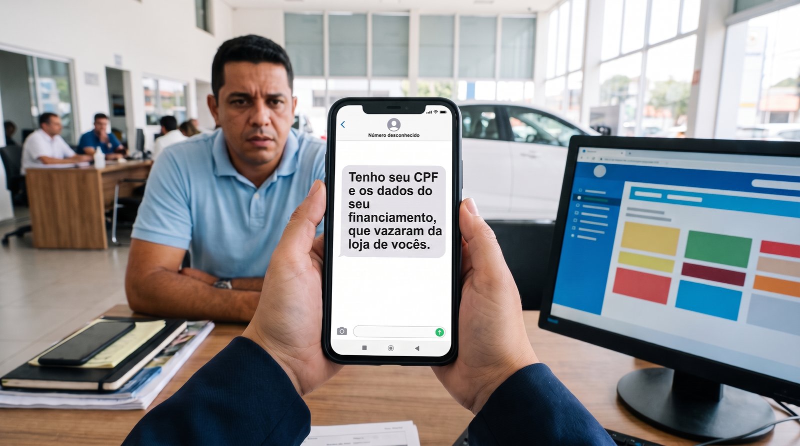 Vendedora de concessionária confere no celular a mensagem do criminoso citando dados vazados do cliente.